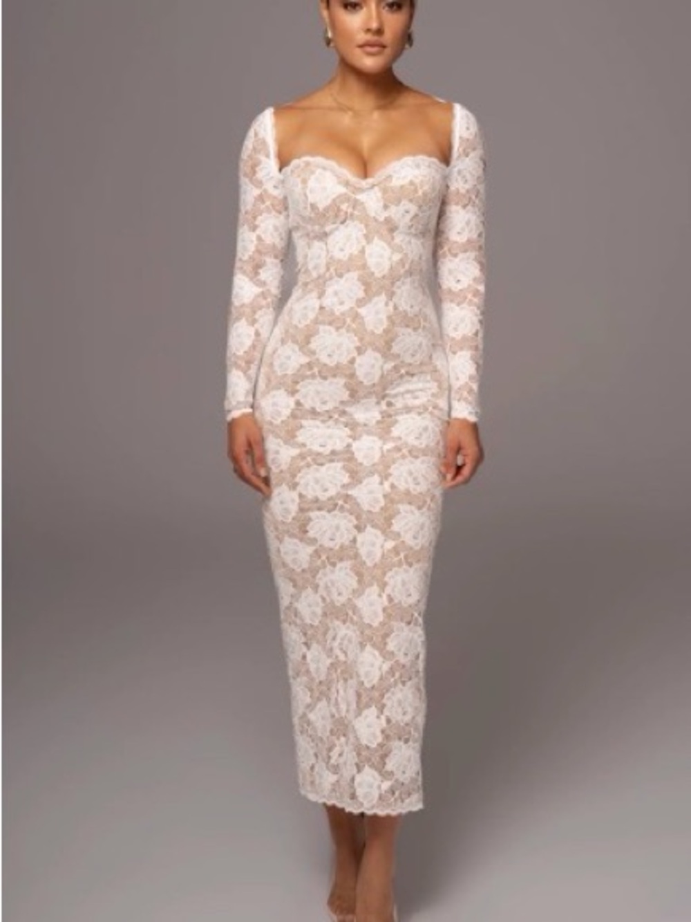 JLUXLABEL White Floral Lace Long-Sleeve Midi Dress